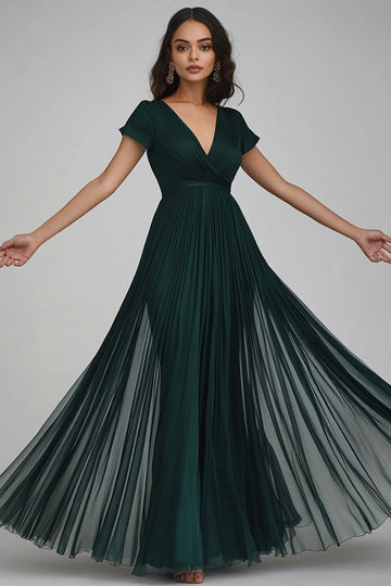 Dark Green A Line V Neck Long Formal Dress with Sleeves